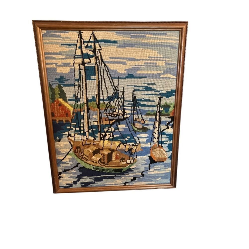 Columbia Minerva 1970s 2475 needlepoint sailboat scene vintage 18 x 24